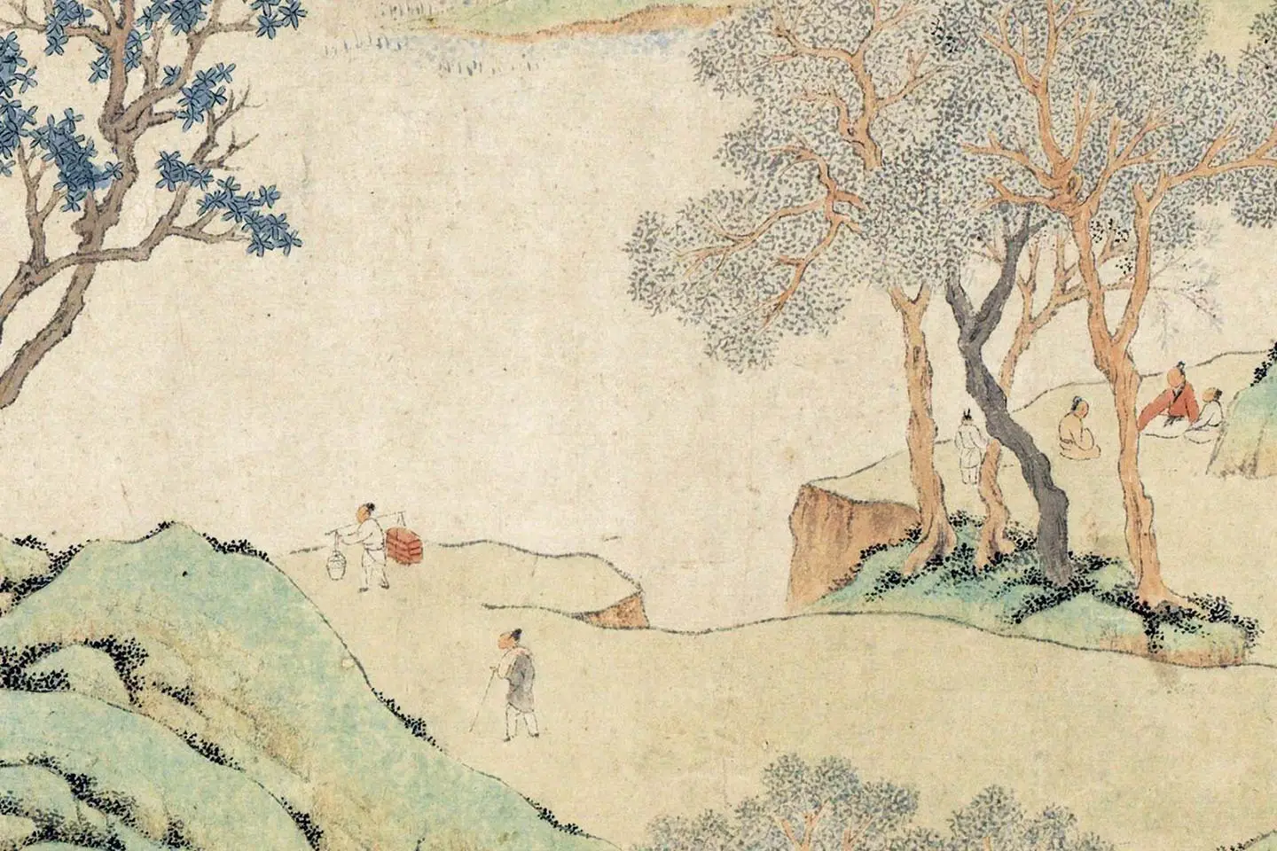 钱杜小青绿山水画《天池修褉图》局部 (2)