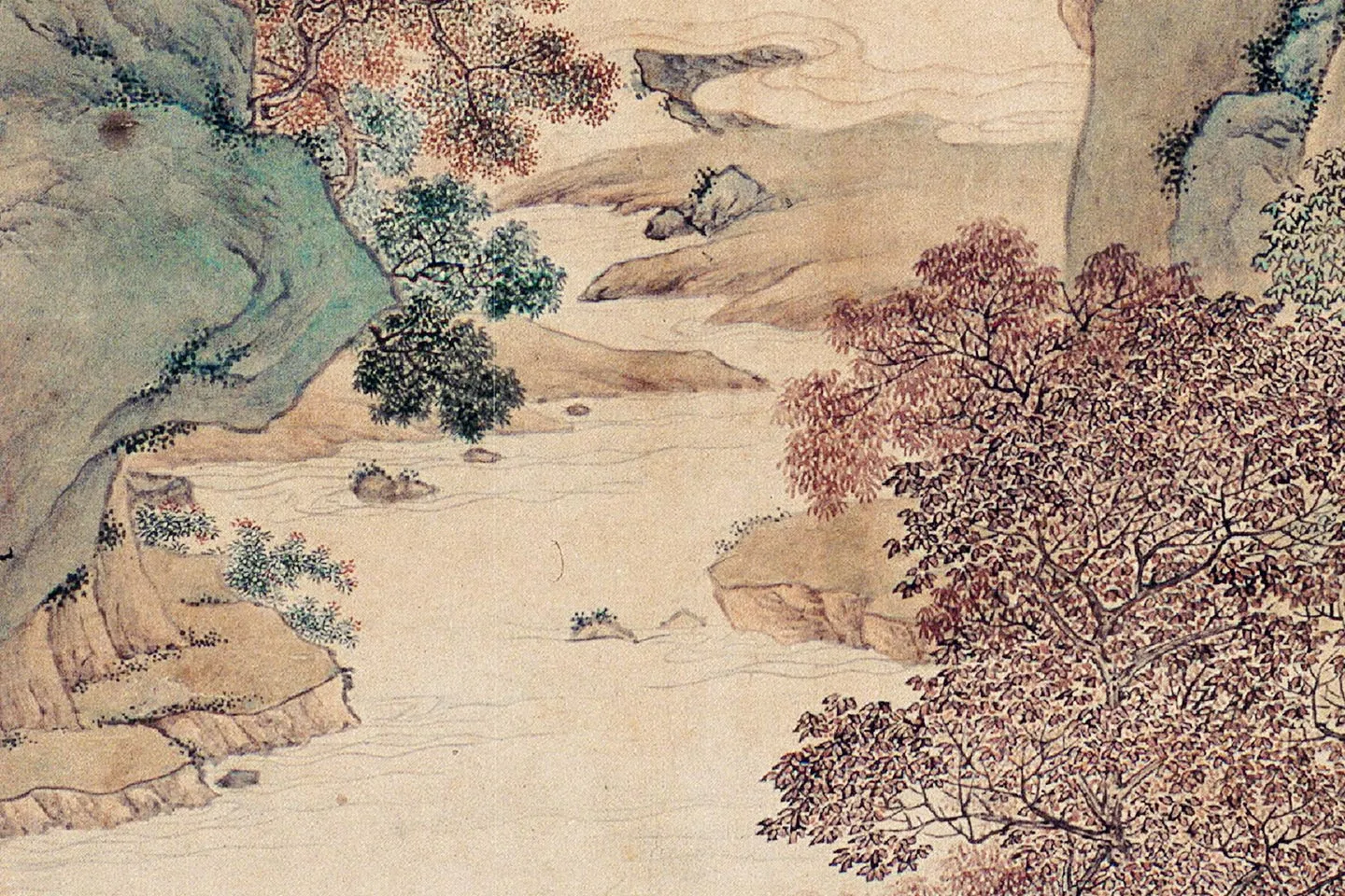 仇英青绿山水画《枫江垂钓图》局部 (3)