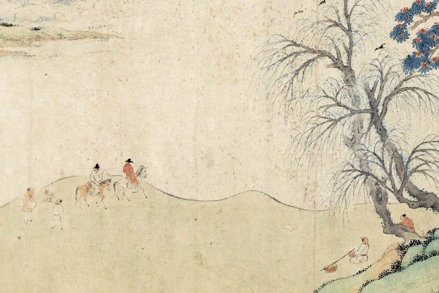 钱杜小青绿山水画《天池修褉图》局部 (3)