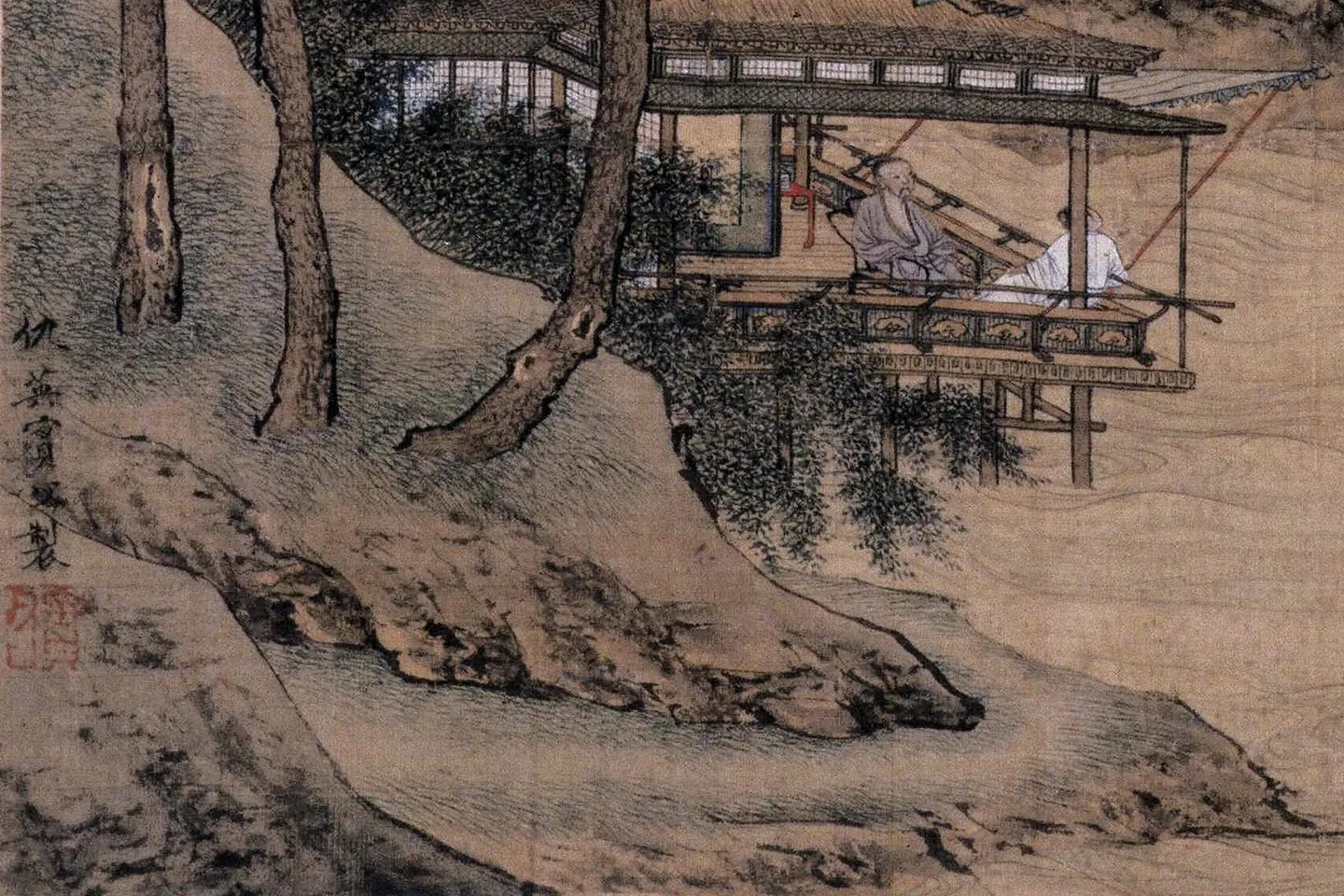 仇英山水《临溪水阁图》局部 (1)