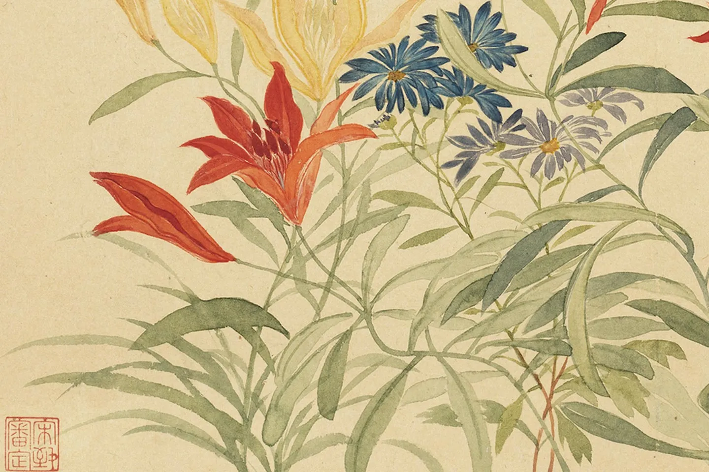 恽寿平工笔没骨花卉《锦石丛花》局部 (1)