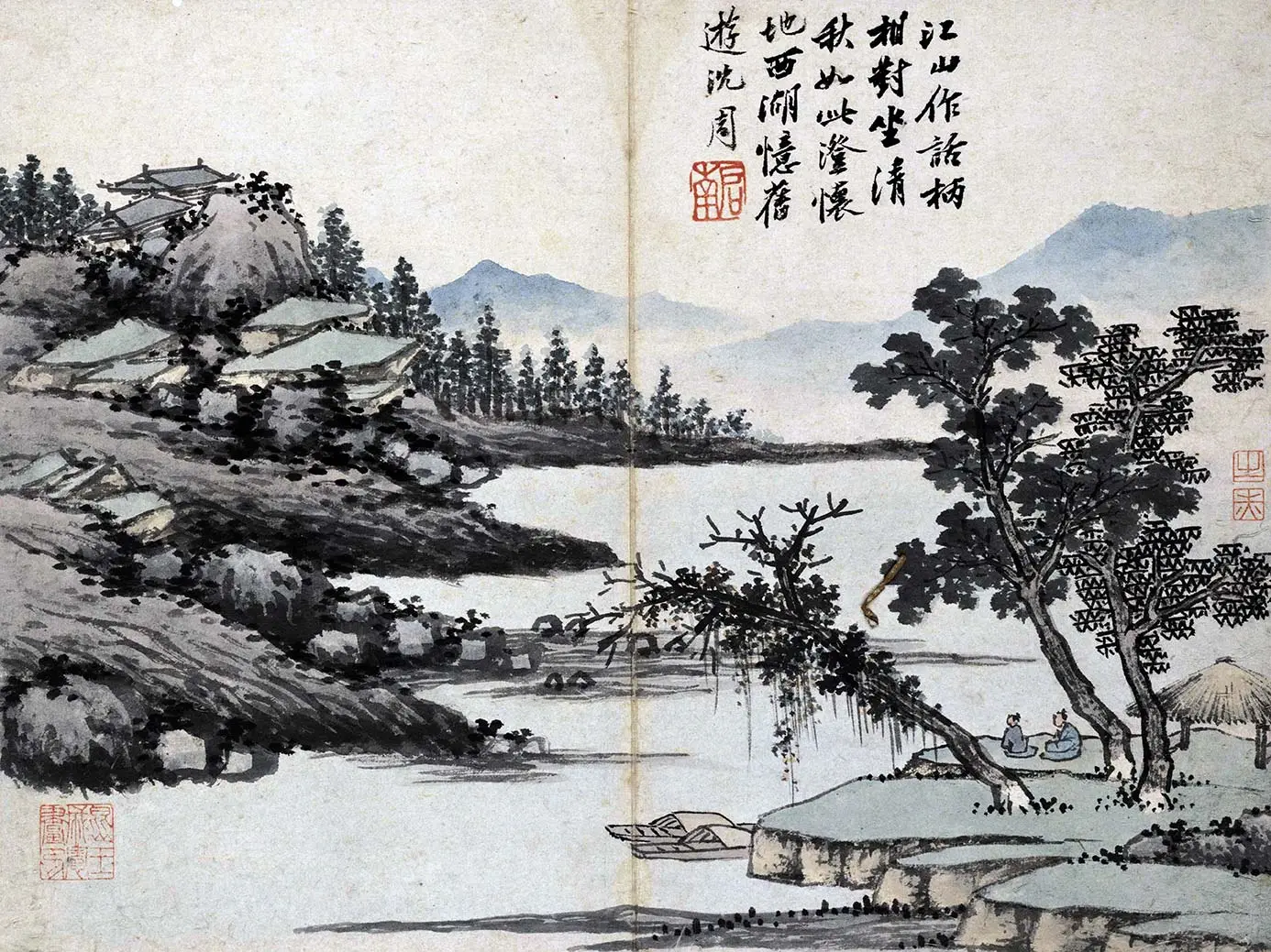 沈周水墨画山水《江山坐话图》