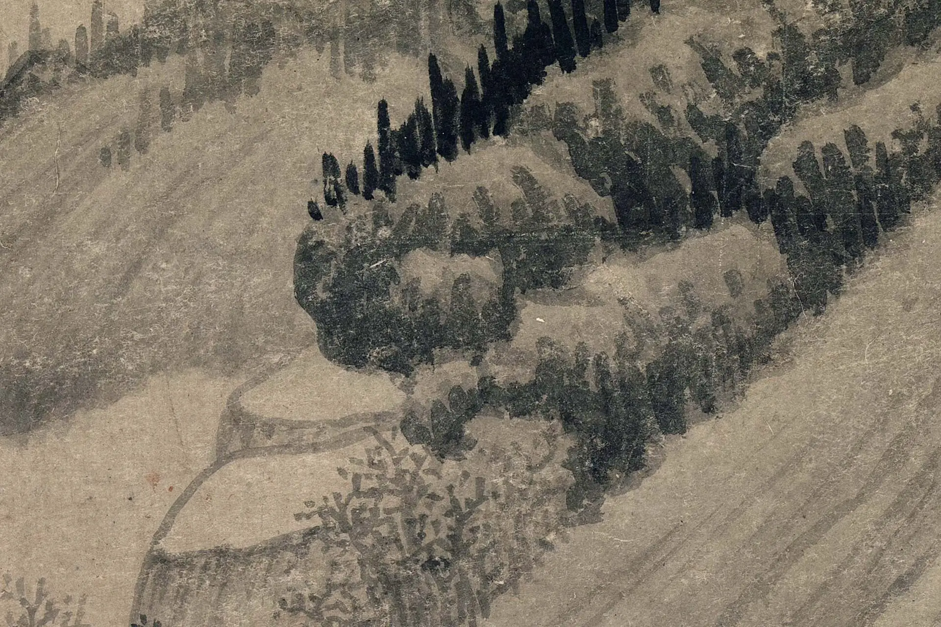 巨然山水画《寒林晚岫图》高清大图局部 (5)