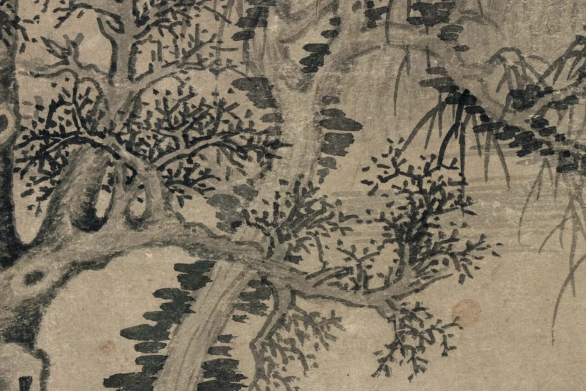 巨然山水画《寒林晚岫图》高清大图局部 (3)