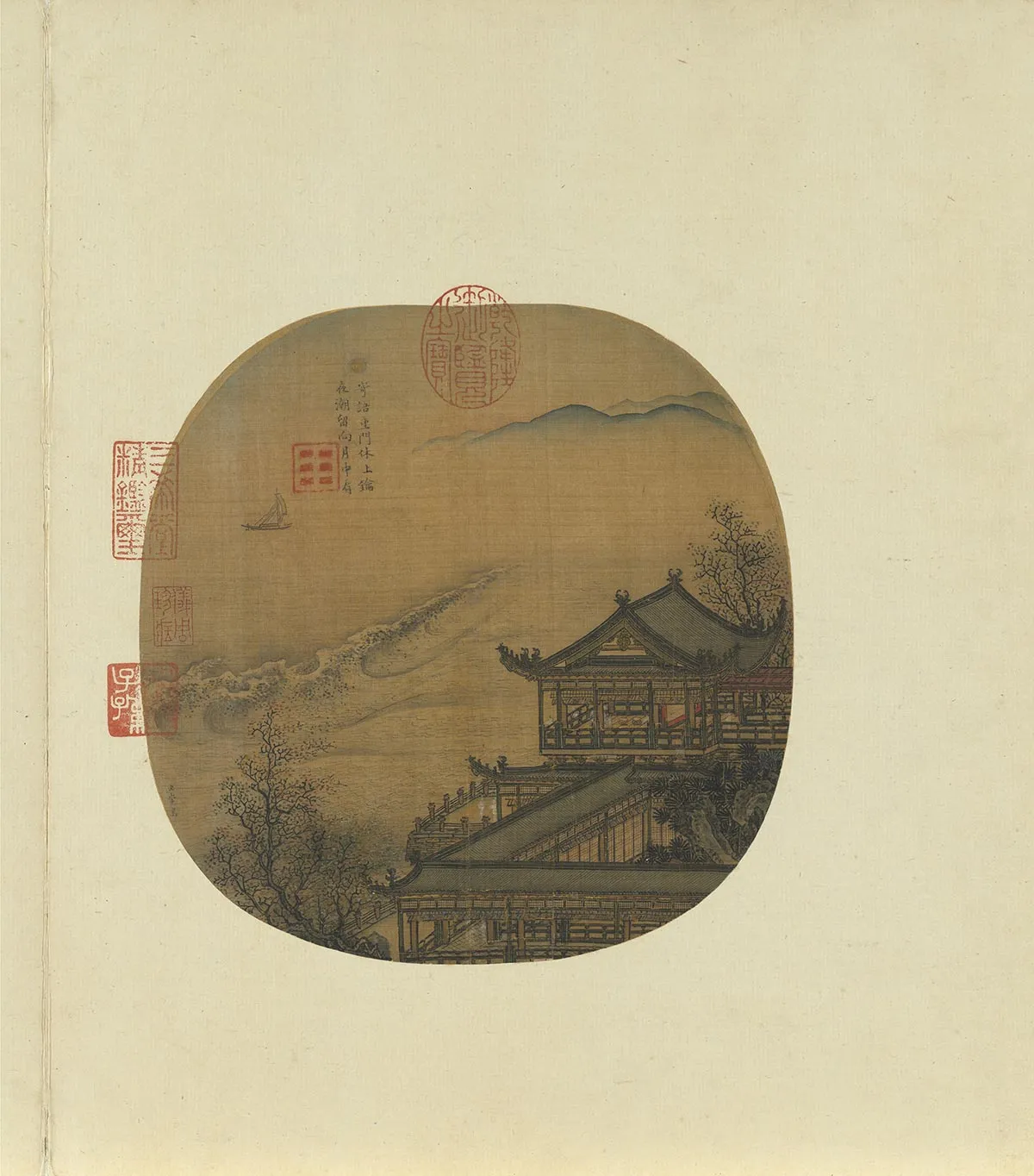 纨扇画册《宋李嵩月夜看潮图》