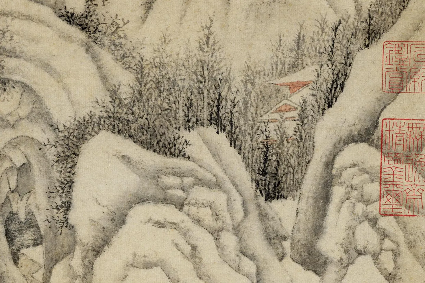 钱谷雪景山水画《画南城看雪图》局部 (4)