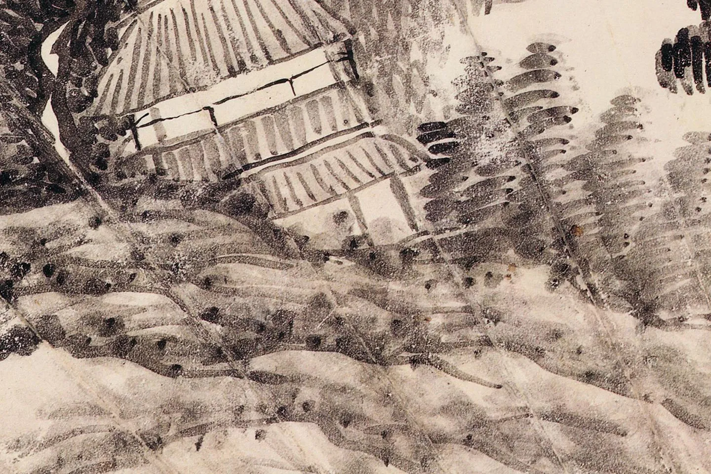 清龚贤山水扇面《幽涧深林图》局部 (1)