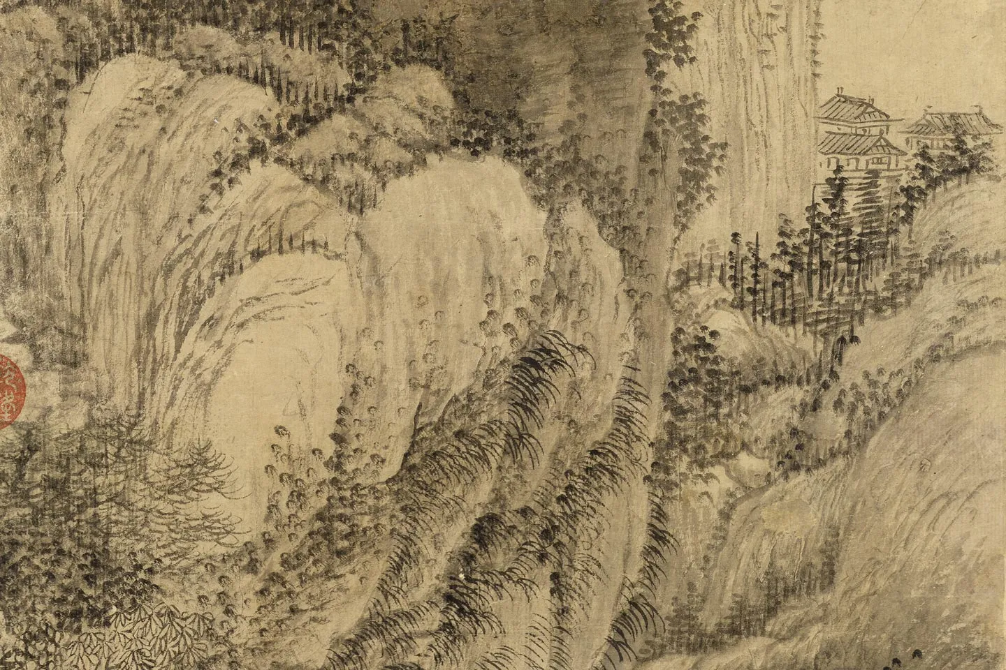 王蒙山水画《石壁飞流图》局部 (2)