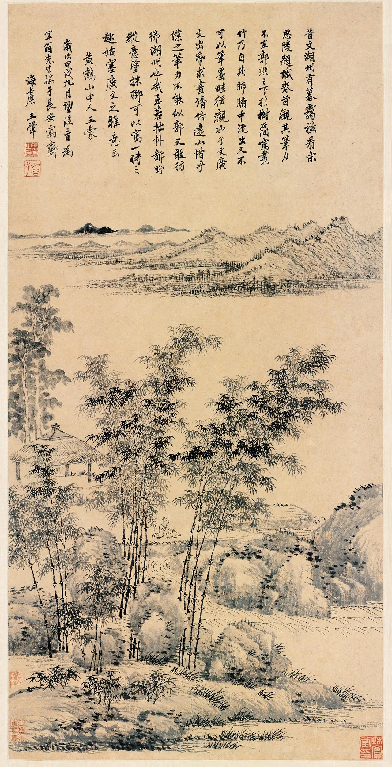 王翚山水画《仿王蒙修竹远山图》