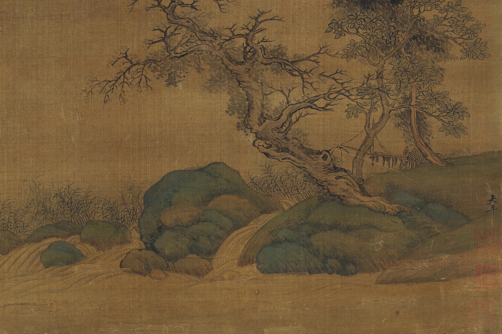 传北宋赵令穰青绿山水《水村图》局部 (1)