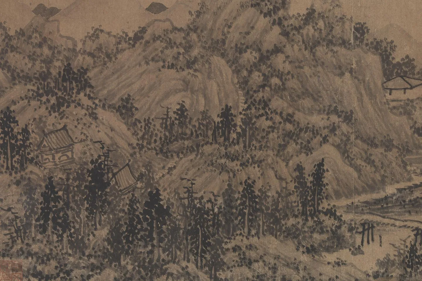 元吴镇山水画《曲彴孤亭图》局部 (2)