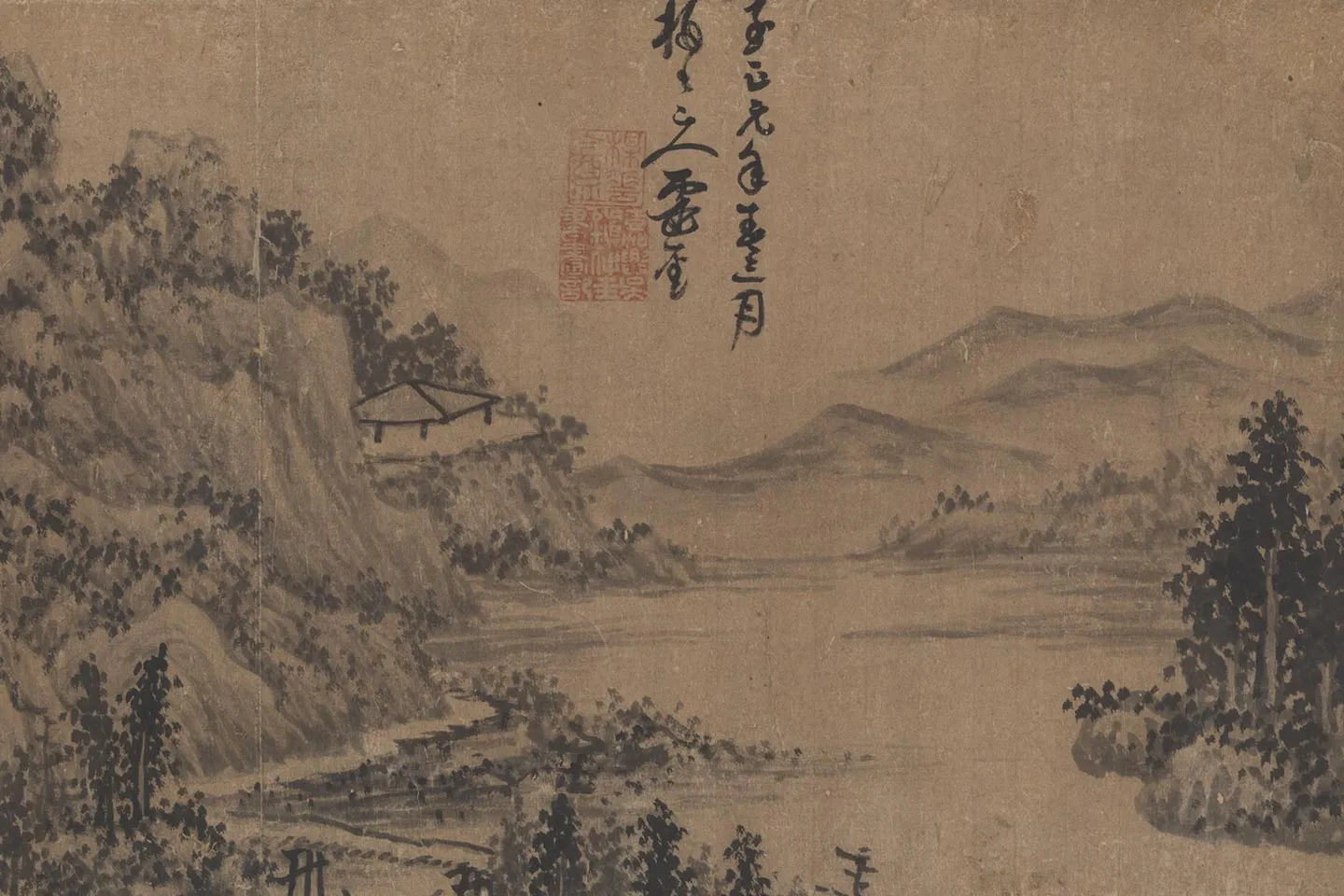 元吴镇山水画《曲彴孤亭图》局部 (1)