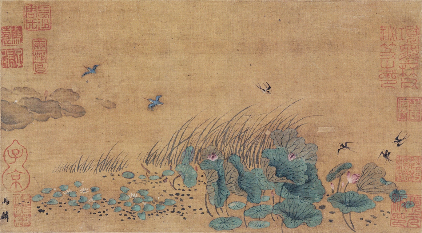 马麟花鸟画《荷塘飞燕图》