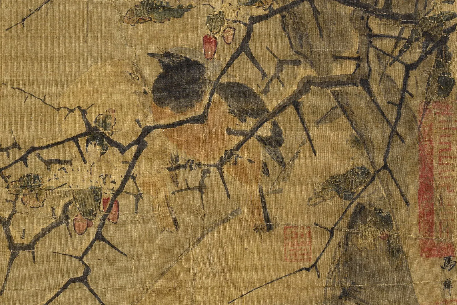 马麟花鸟画《暮雪寒禽图》局部 (1)