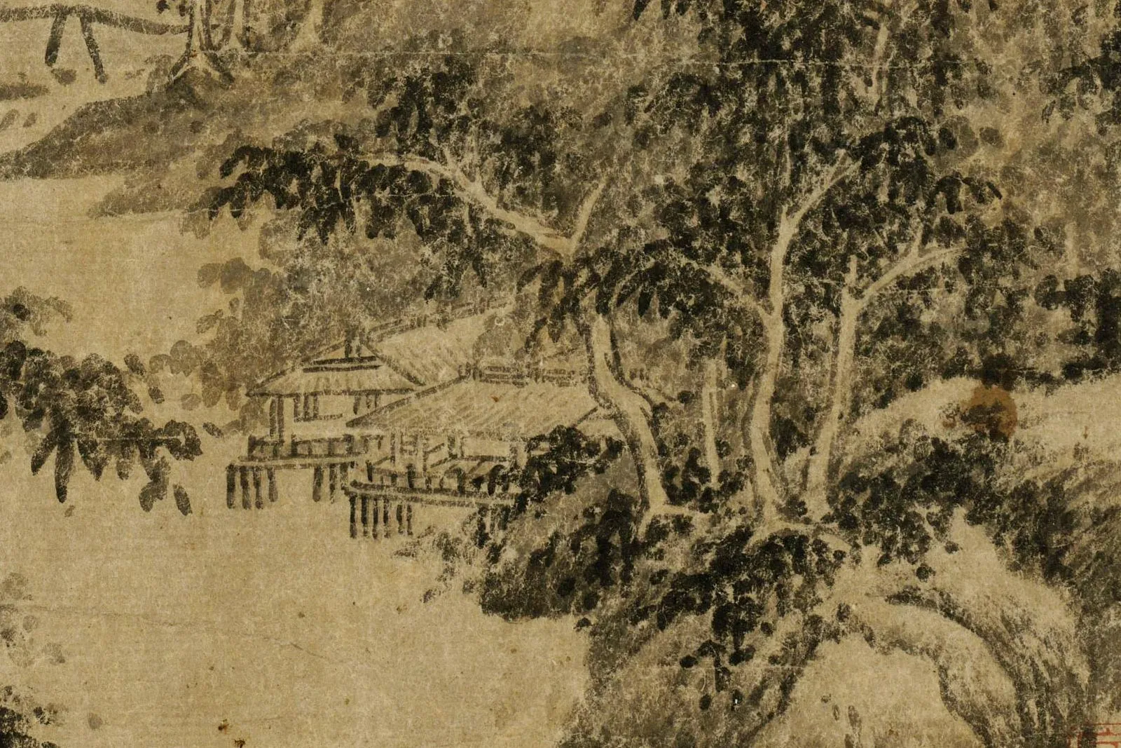 吴镇水墨山水《溪流归艇图》局部 (3)