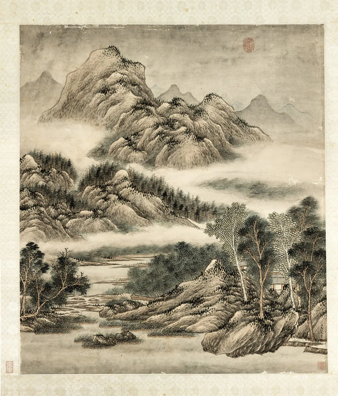 清王炳山水画《云峰烟树图》轴