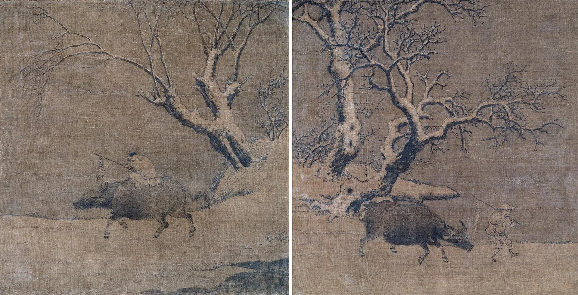 李迪《雪中归牧图》对幅《骑牛幅》《牵牛幅》