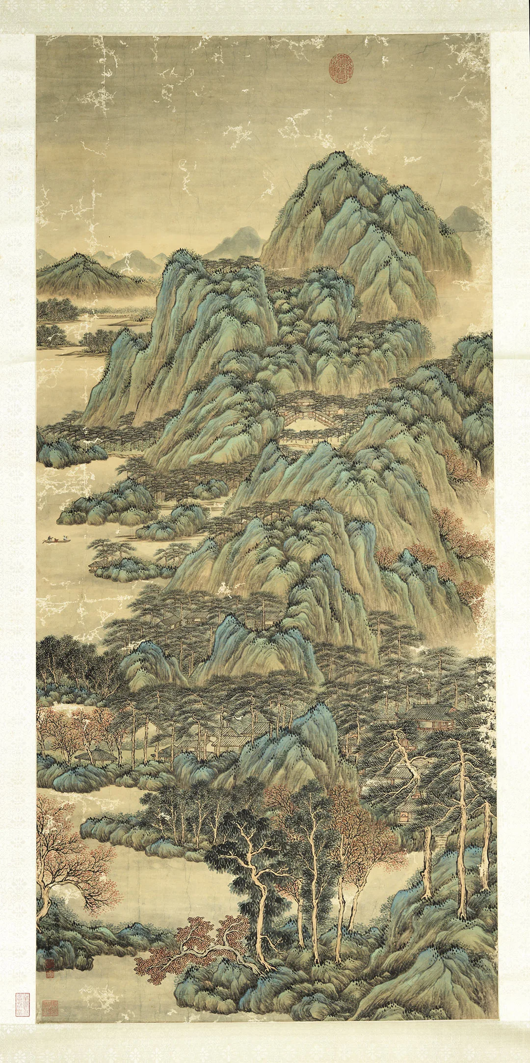 王炳青绿山水画《松路仙岩图》轴