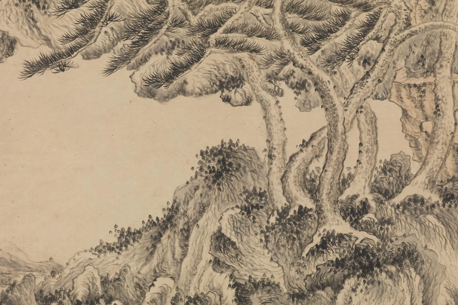 王鉴山水画《临王蒙松阴丘壑图》局部 (3)