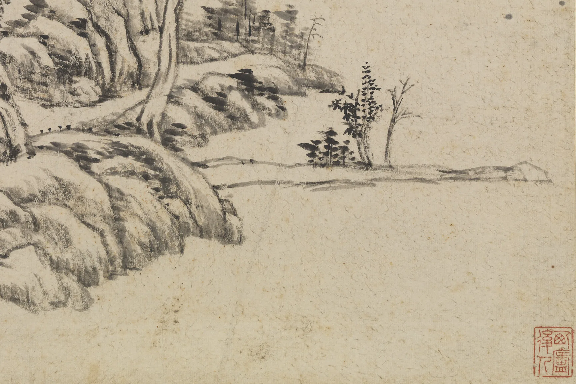 清王原祁水墨山水仿黄公望笔意轴局部 (1)