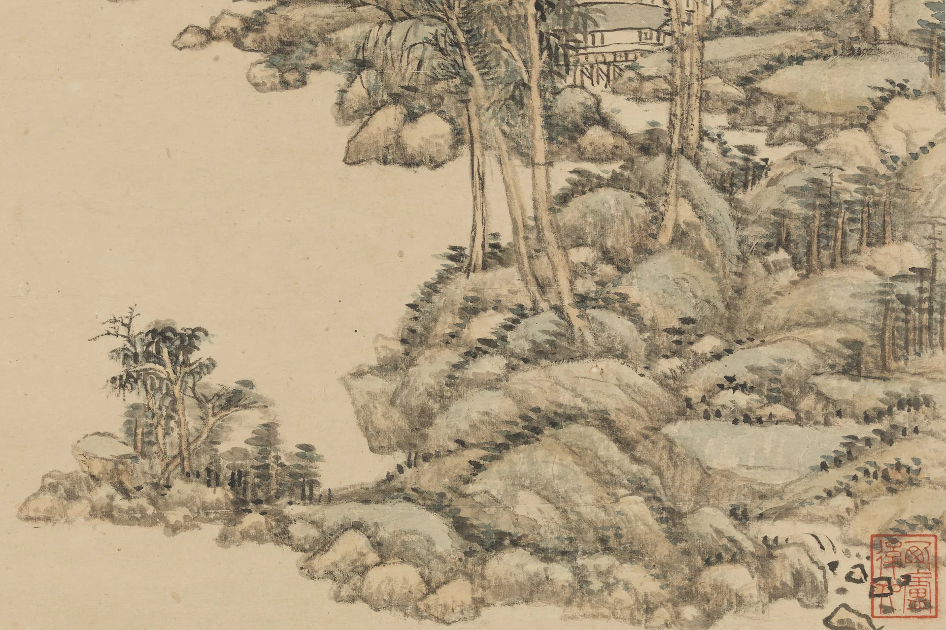 王原祁山水画画中有诗图局部 (1)