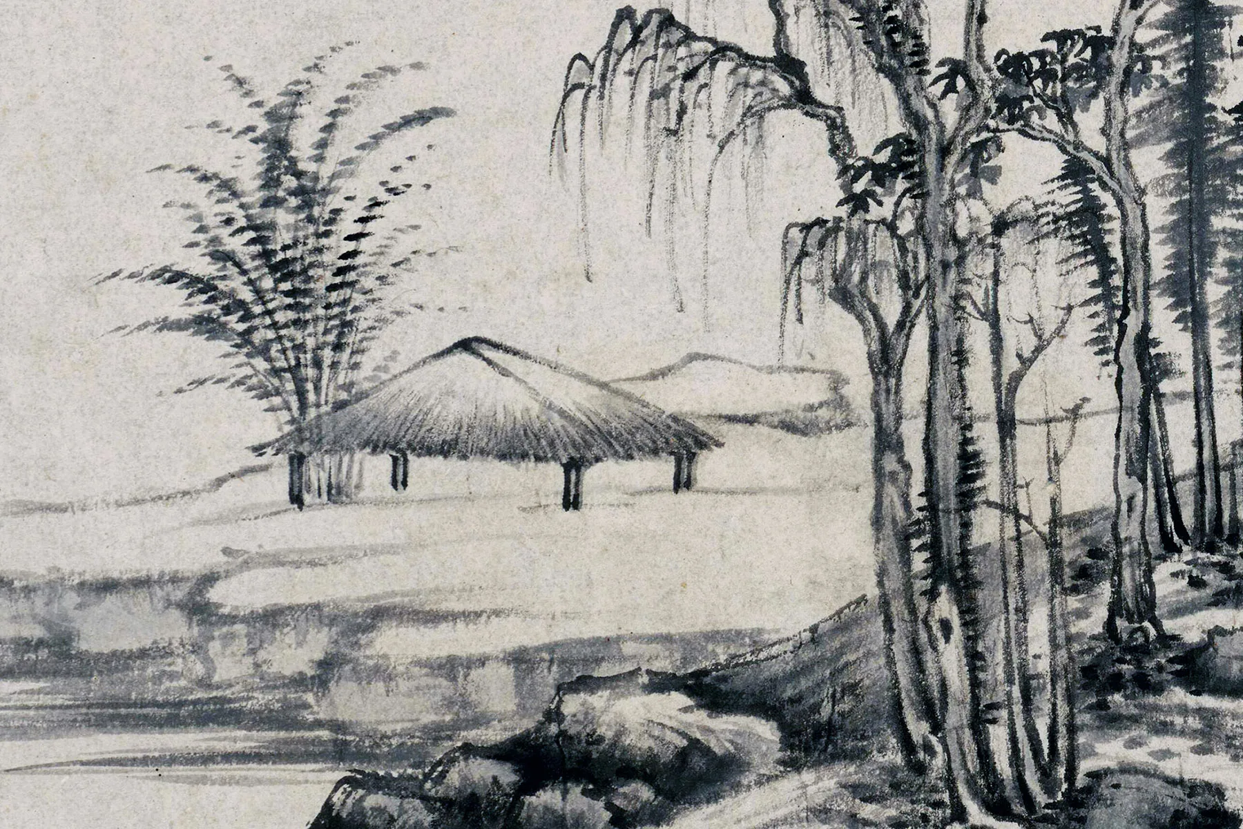 王鉴水墨山水《仿倪云林溪亭山色图》局部 (1)