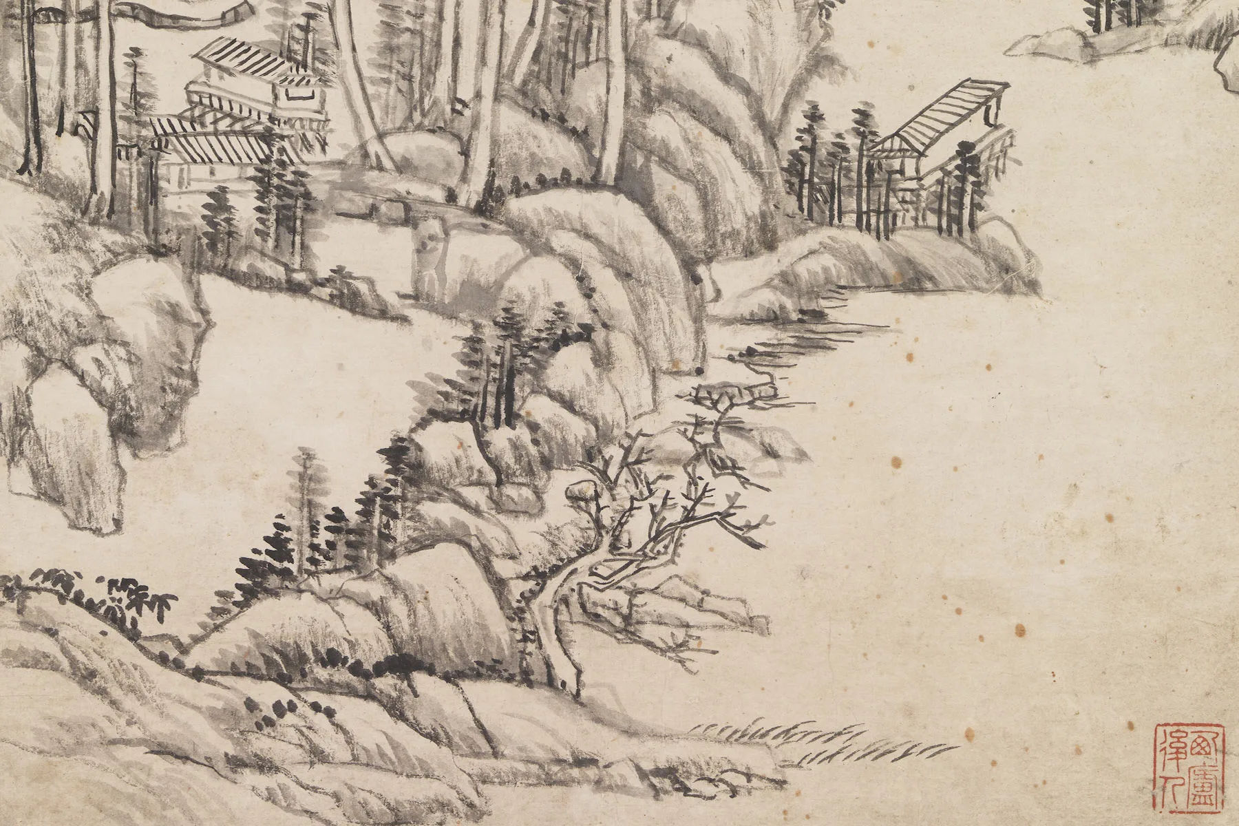 王原祁仿吴镇山水局部 (1)