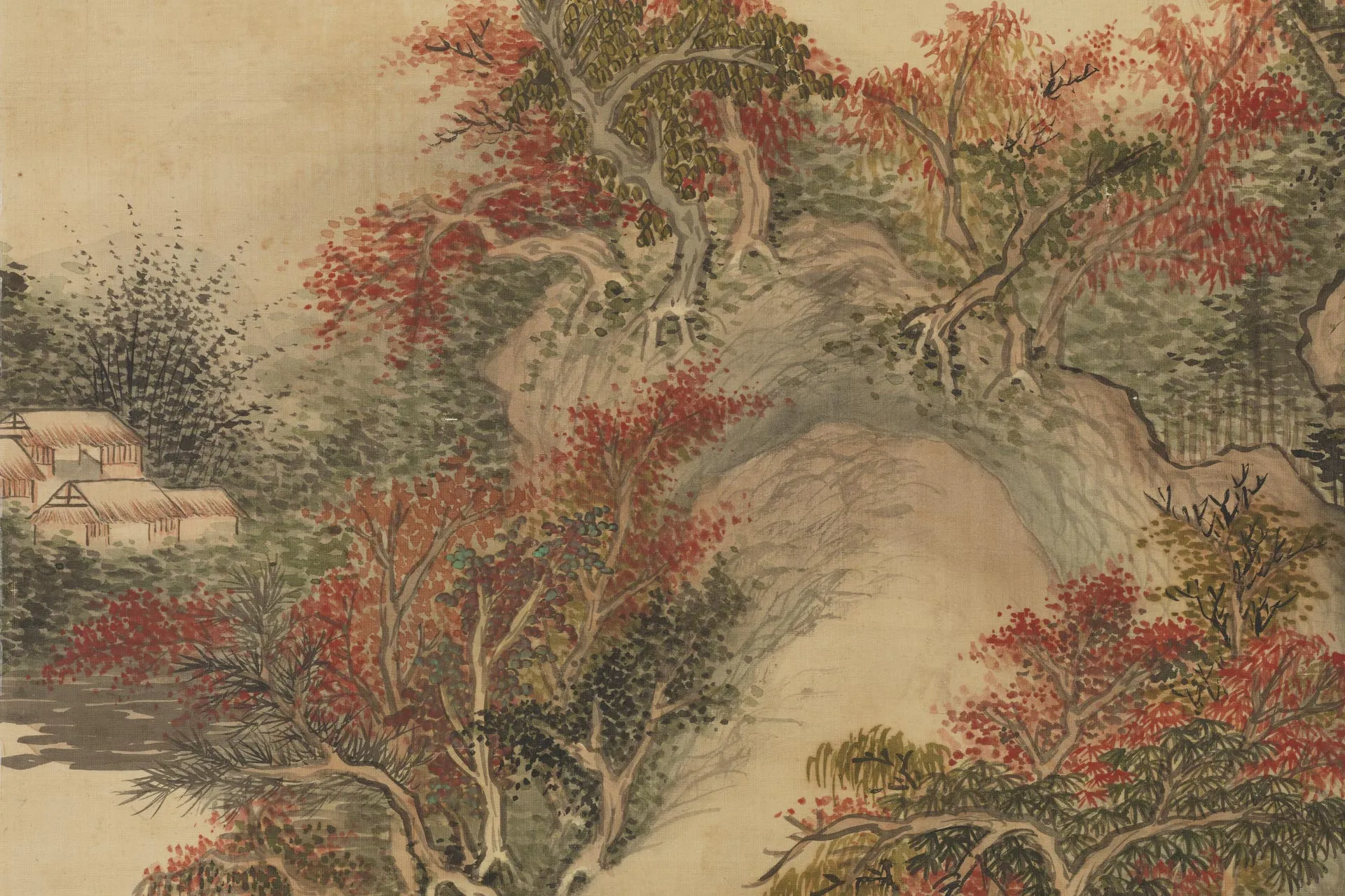 王鉴山水画《仿王蒙秋山图》局部 (3)