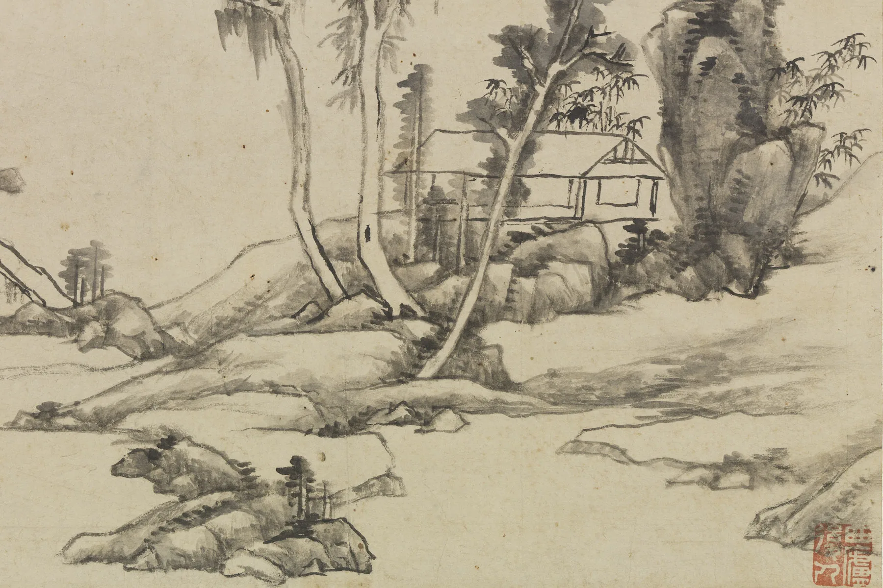 清王原祁仿倪瓒山水轴局部 (1)