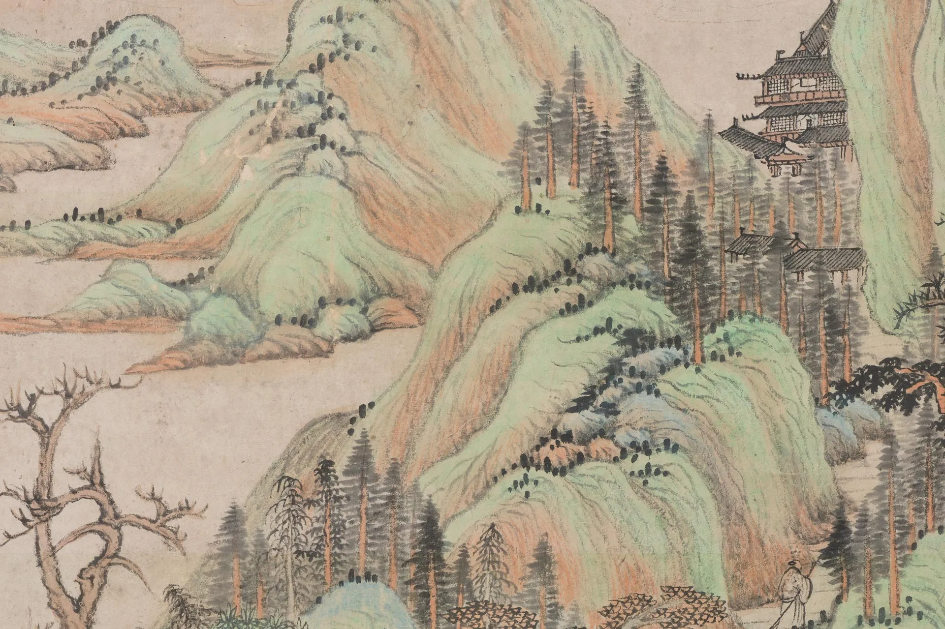 王鉴山水画《仿赵孟頫茂林萧寺图》局部 (2)