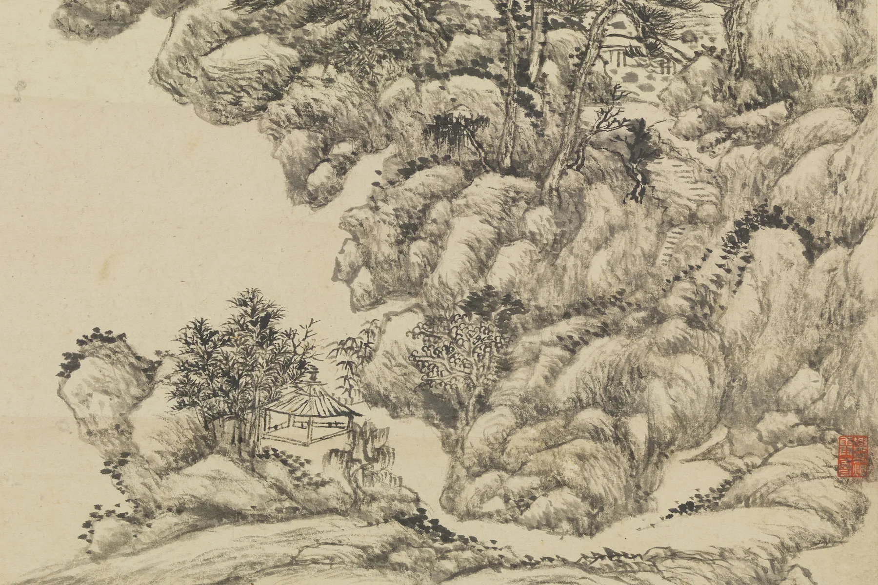 王原祁仿王蒙山水局部 (1)