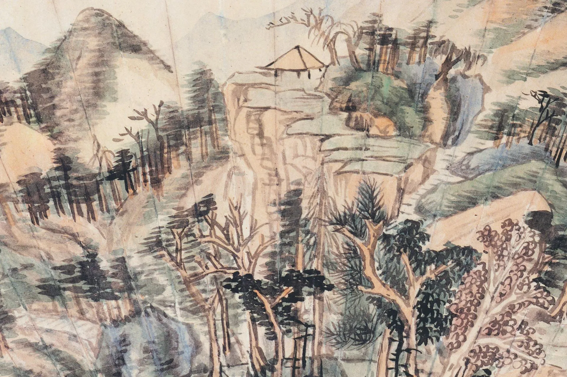 王鉴浅绛山水《仿黄公望溪亭山色图》扇面局部 (2)