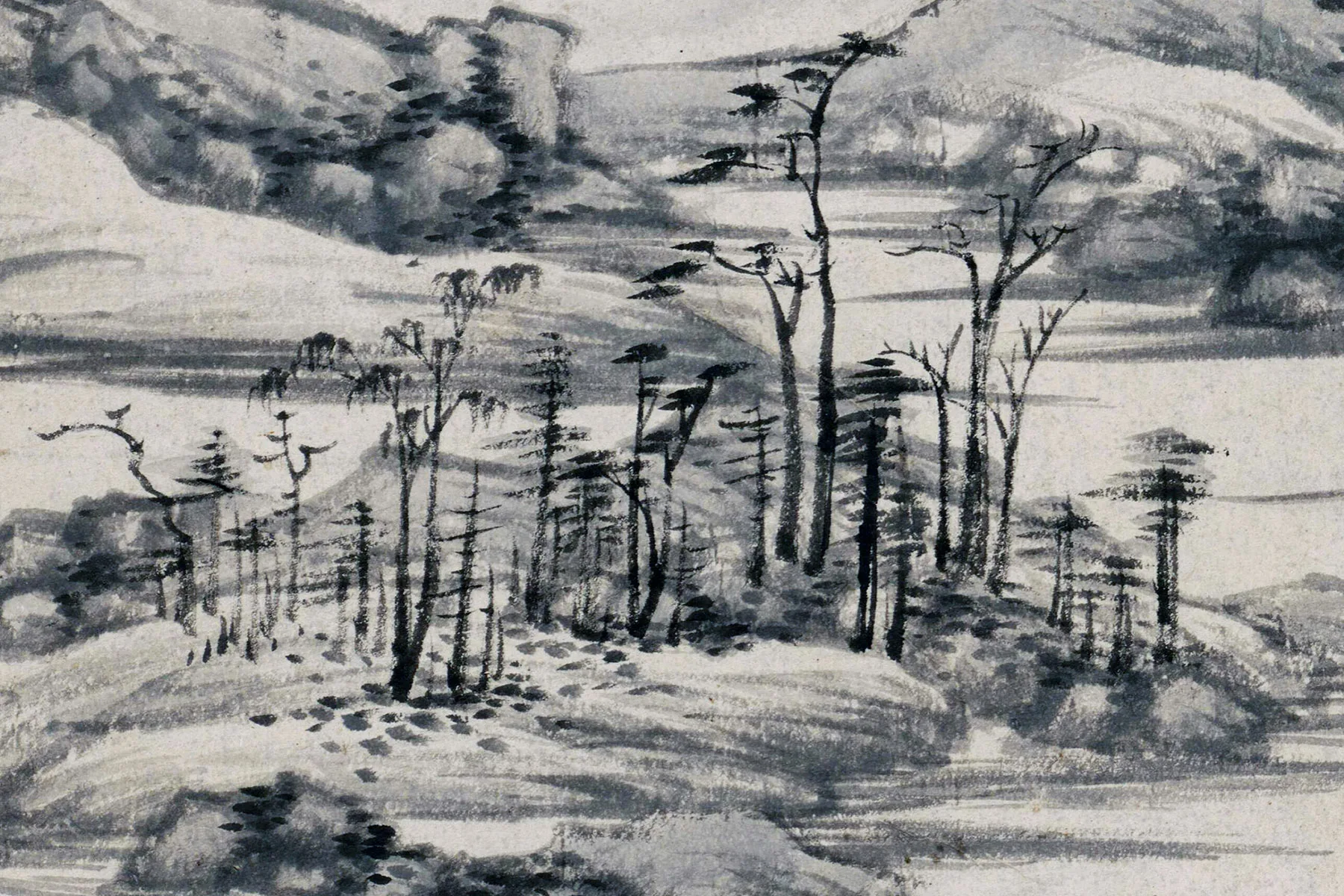 王鉴水墨山水《仿倪云林溪亭山色图》局部 (2)