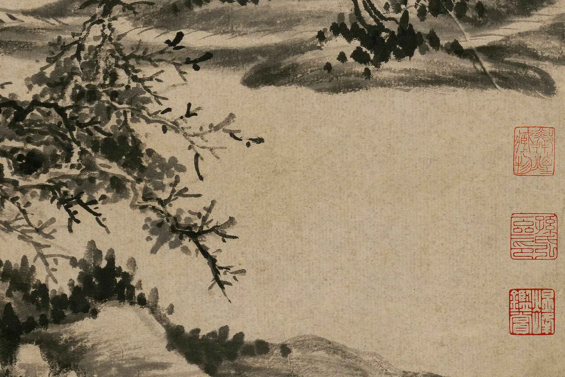 王鉴《仿梅道人溪亭山色图》局部 (1)