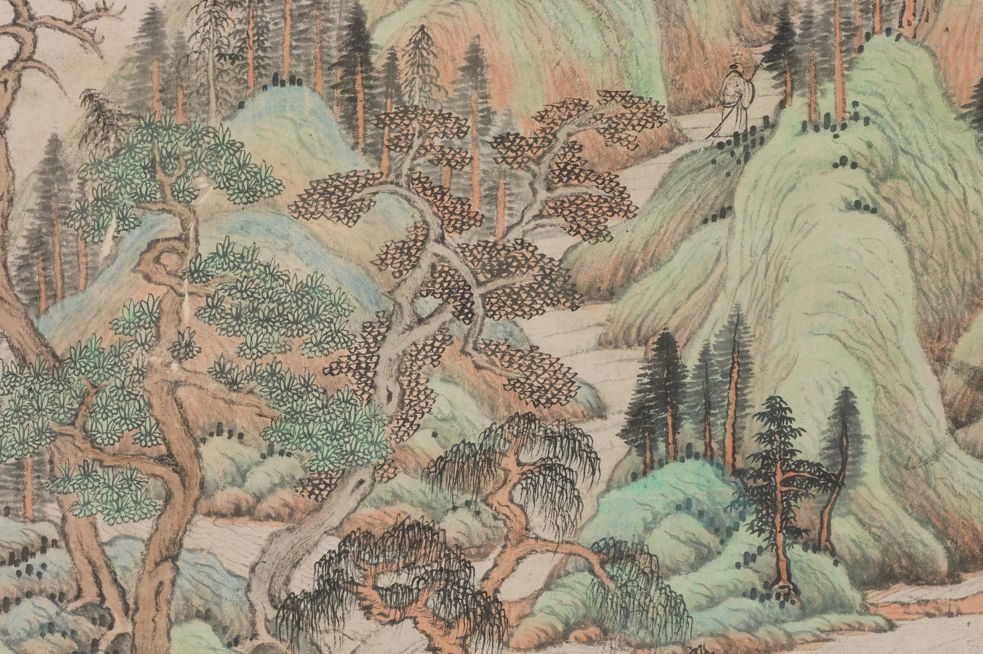 王鉴山水画《仿赵孟頫茂林萧寺图》局部 (1)