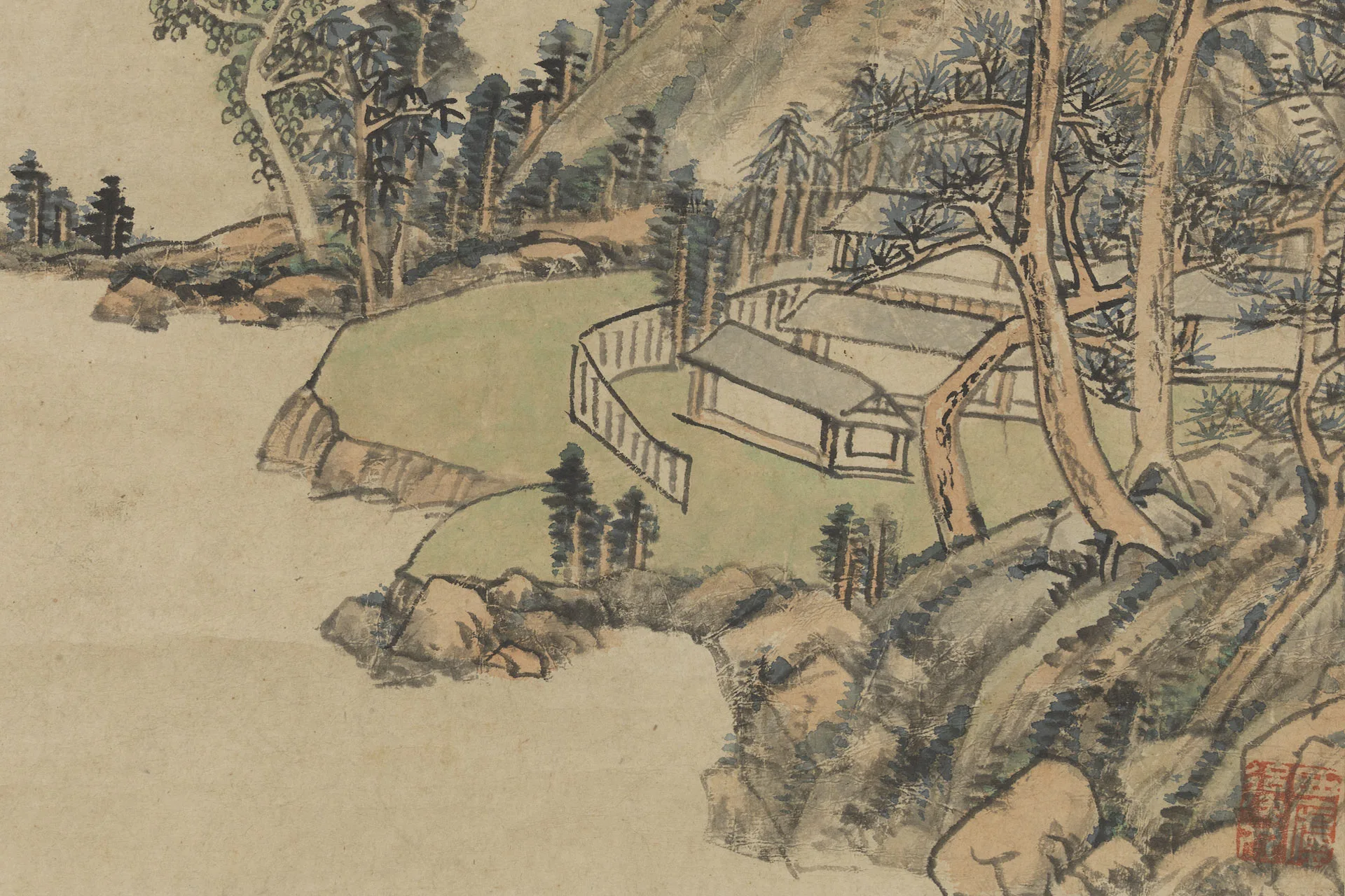 王原祁山水画《草堂烟树图》局部 (1)