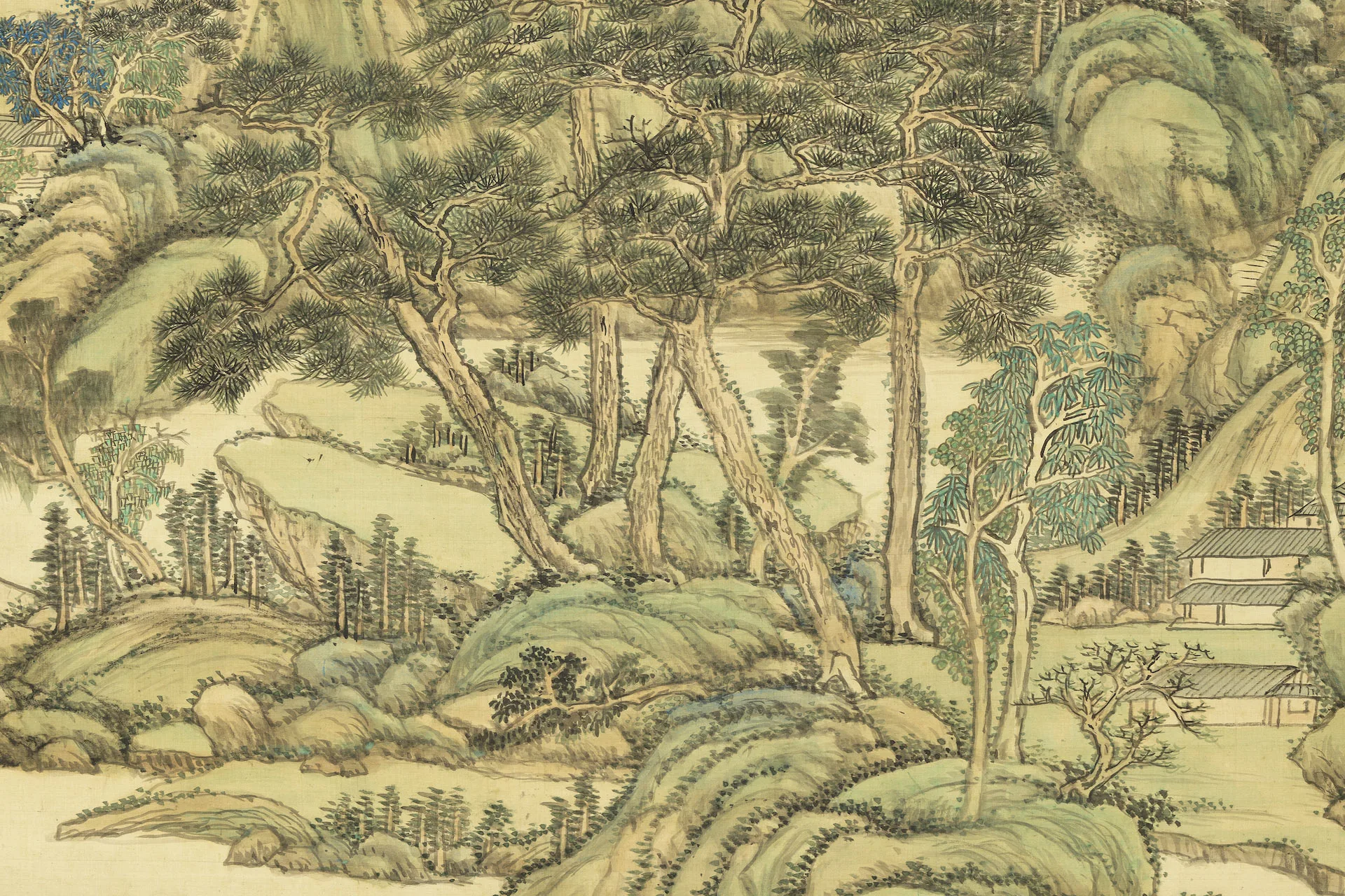 王原祁青绿山水《山川焕采图》局部 (1)