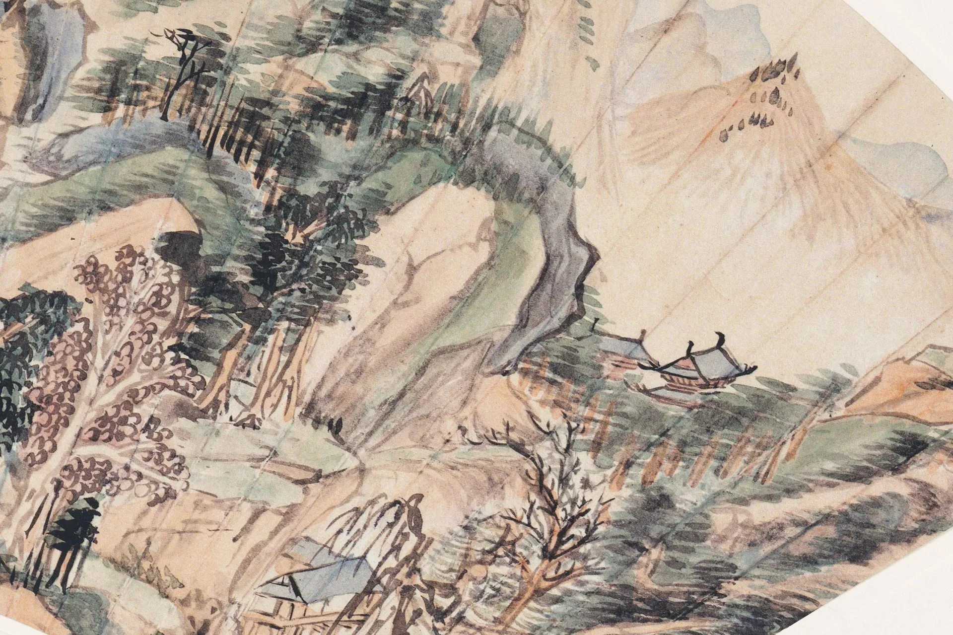王鉴浅绛山水《仿黄公望溪亭山色图》扇面局部 (3)