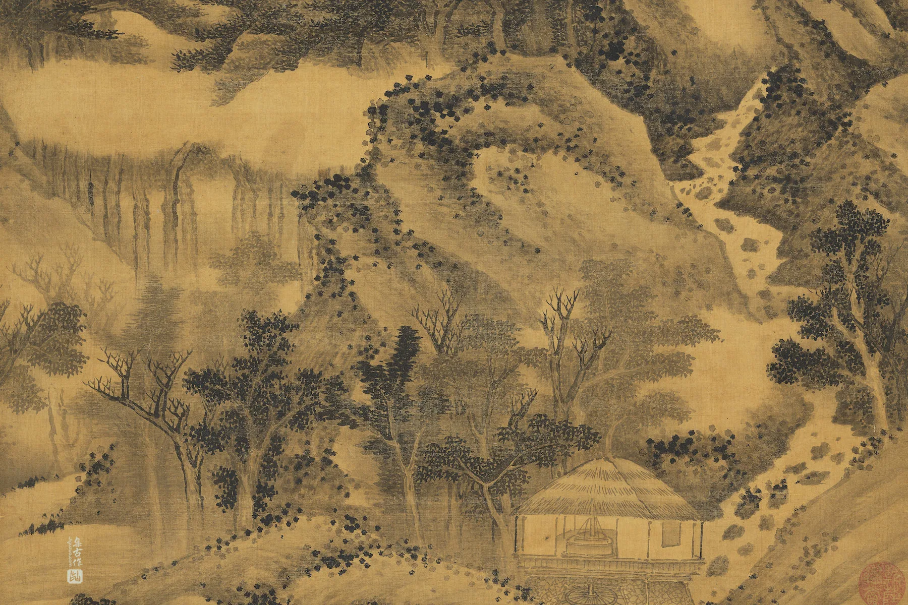 王原祁山水《山村雨景图》局部 (3)