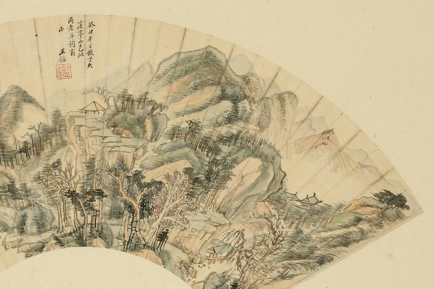 王鉴《仿黄公望溪亭山色图》扇面页局部 (2)