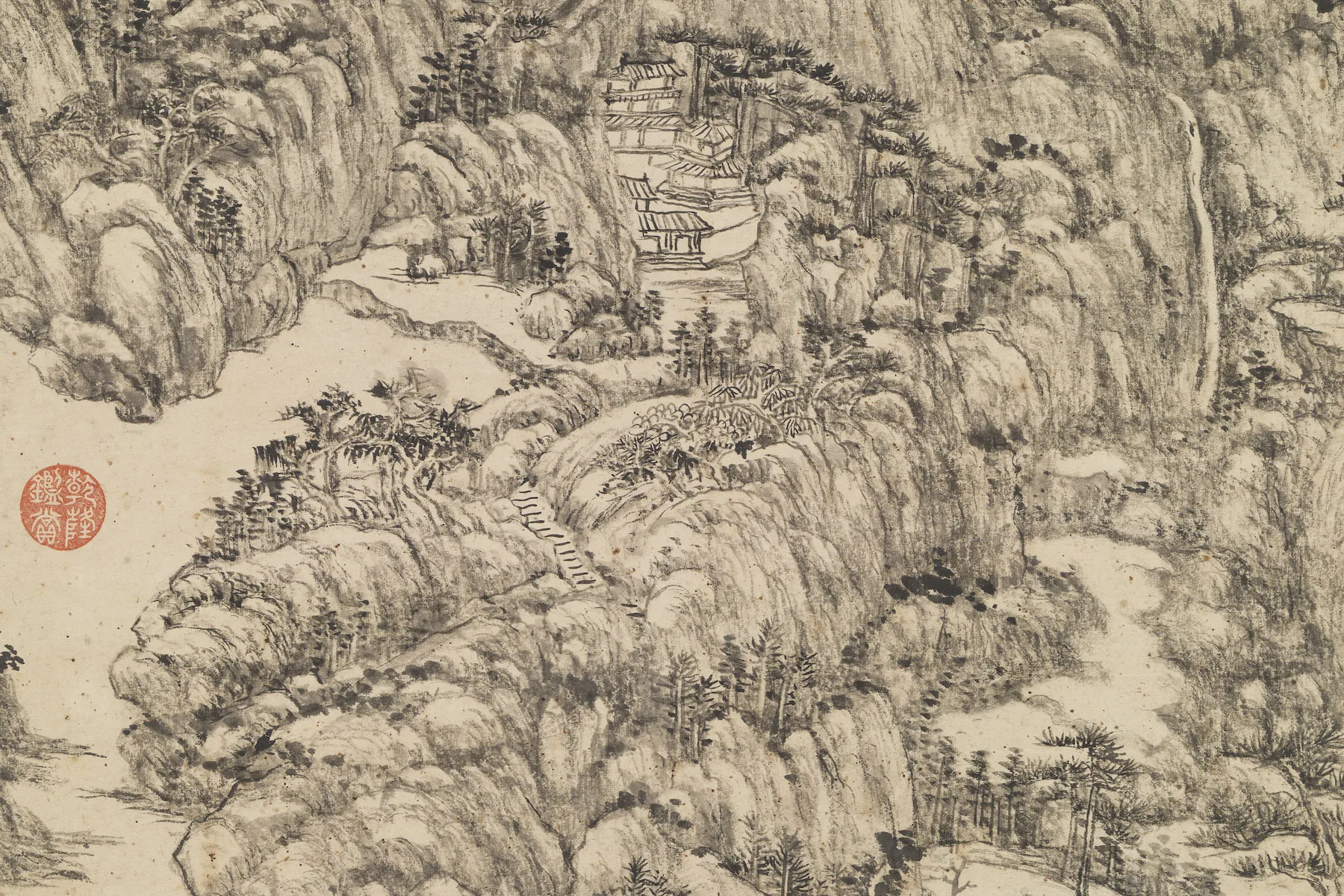 王原祁水墨山水仿王蒙笔意轴局部 (2)