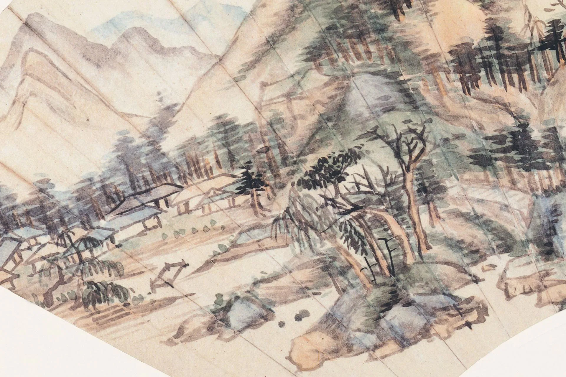 王鉴浅绛山水《仿黄公望溪亭山色图》扇面局部 (1)