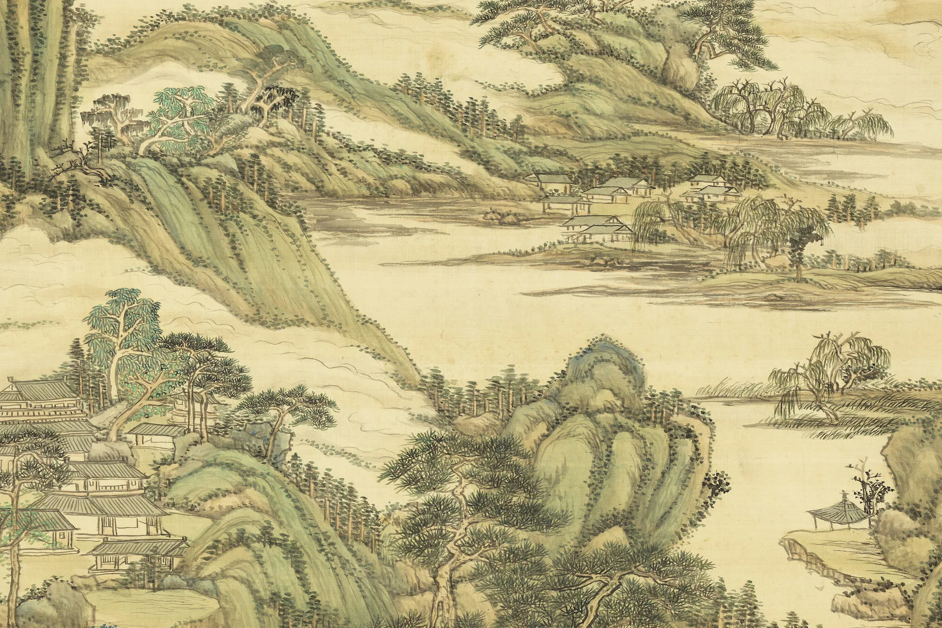 王原祁青绿山水《山川焕采图》局部 (2)