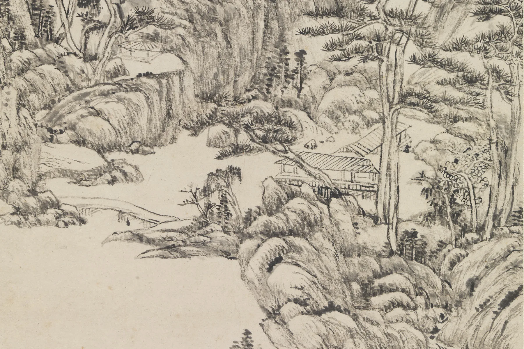 清王原祁水墨山水画仿王蒙笔意轴局部 (1)