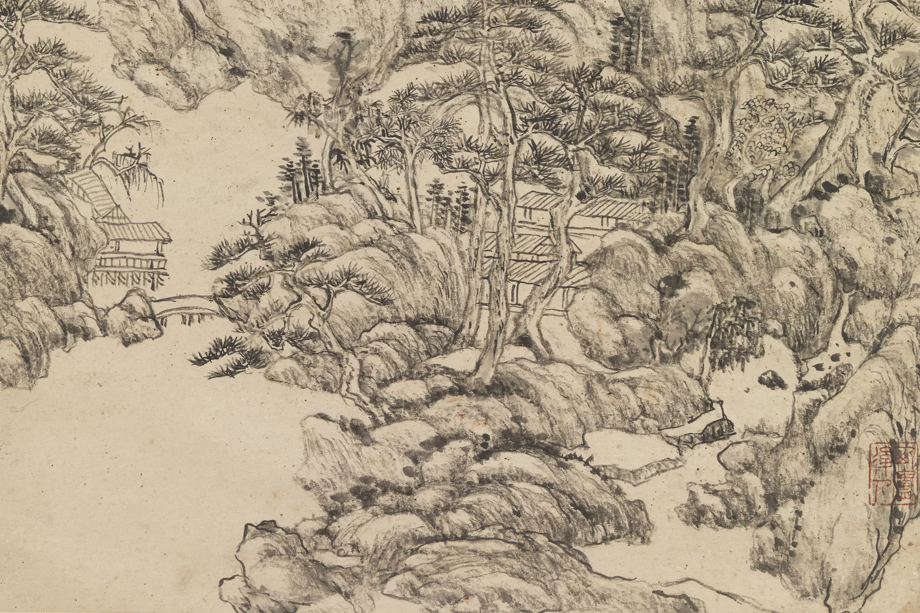 王原祁水墨山水仿王蒙笔意轴局部 (1)