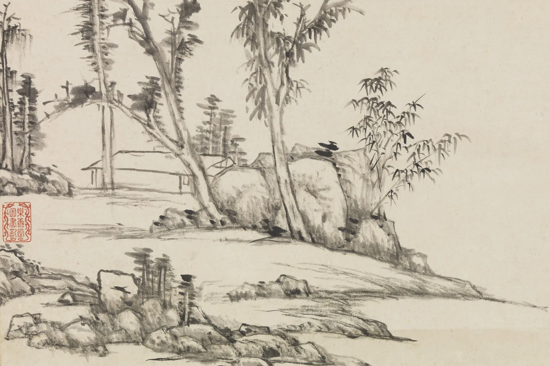 清王原祁仿倪瓒山水轴局部 (1)