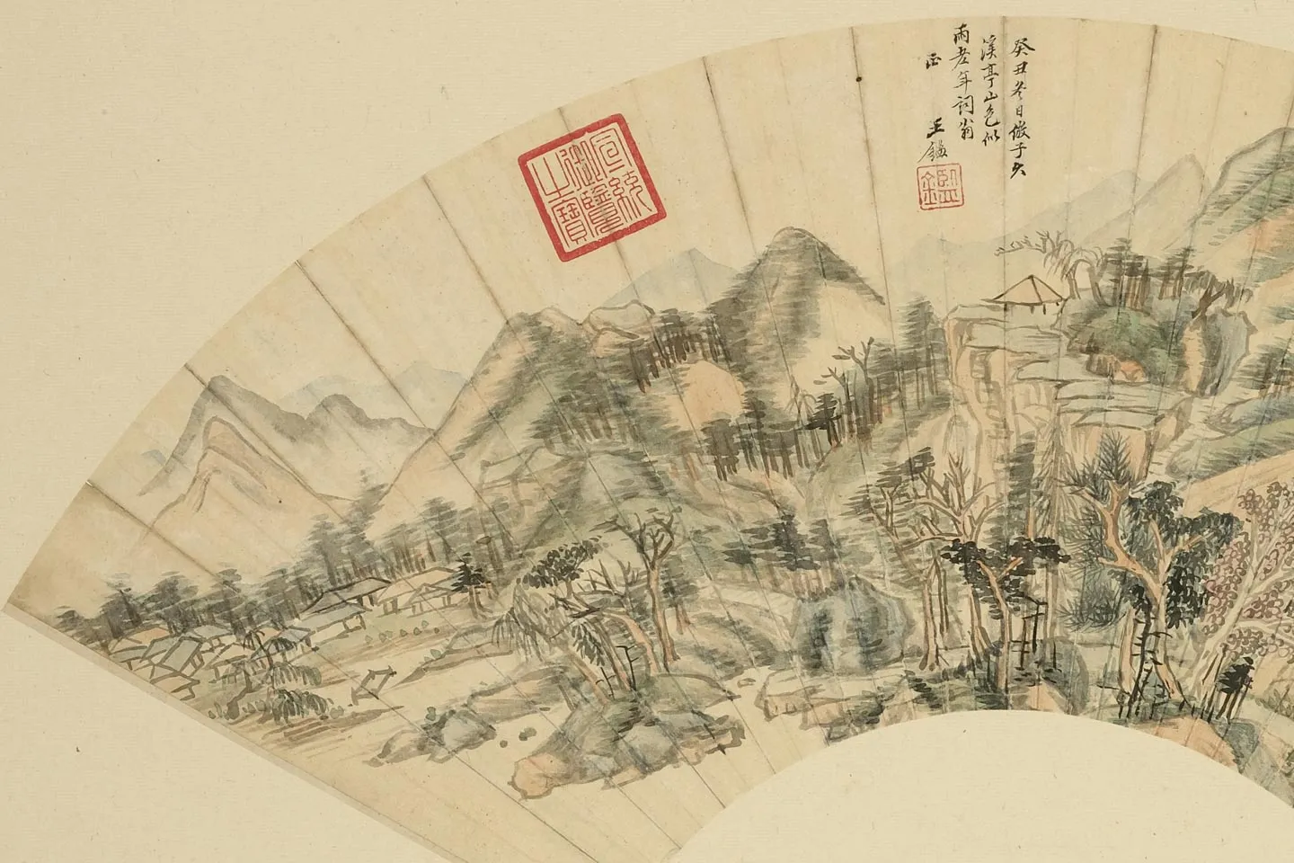 王鉴《仿黄公望溪亭山色图》扇面页局部 (1)