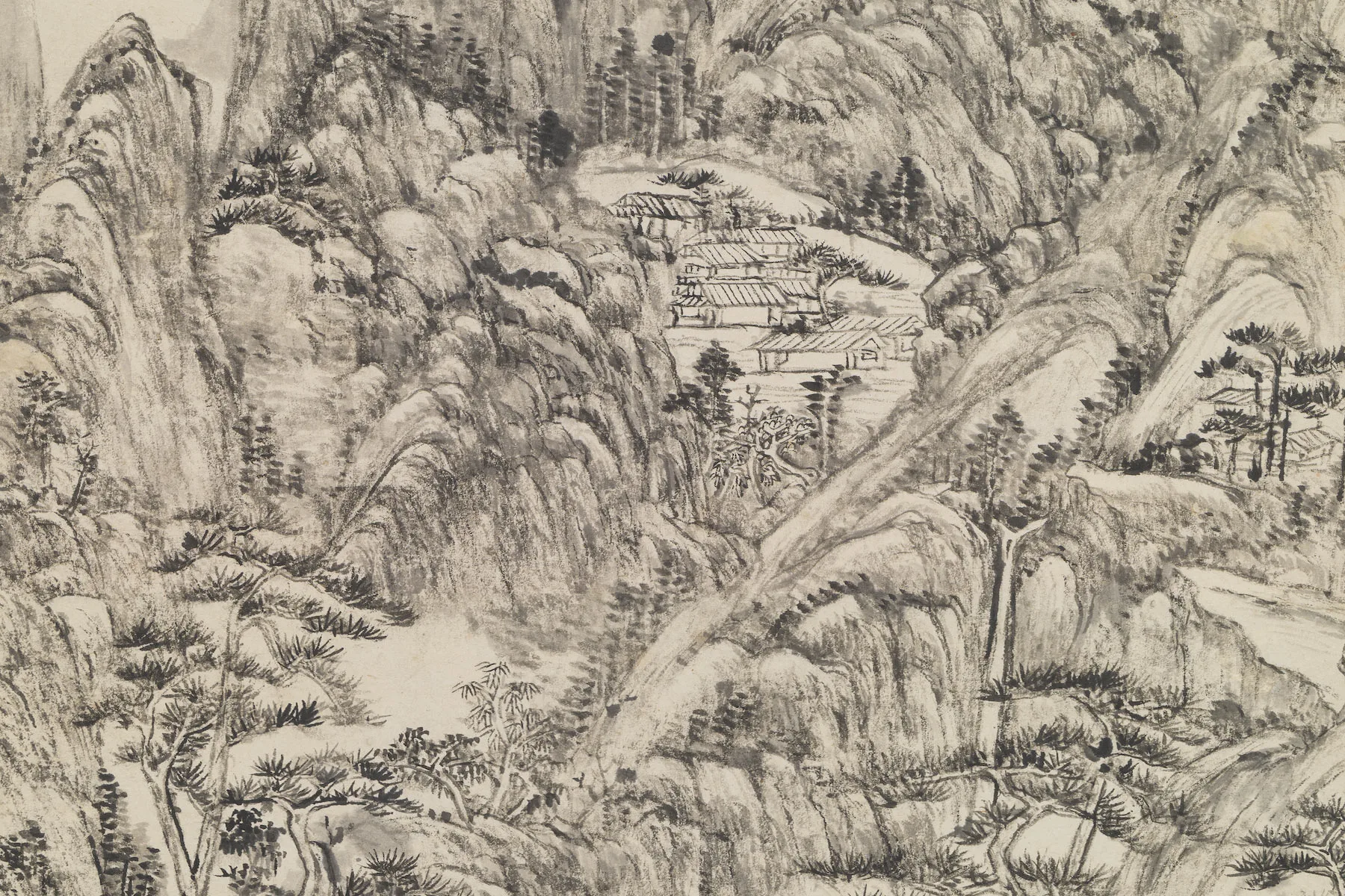 清王原祁水墨山水画仿王蒙笔意轴局部 (2)