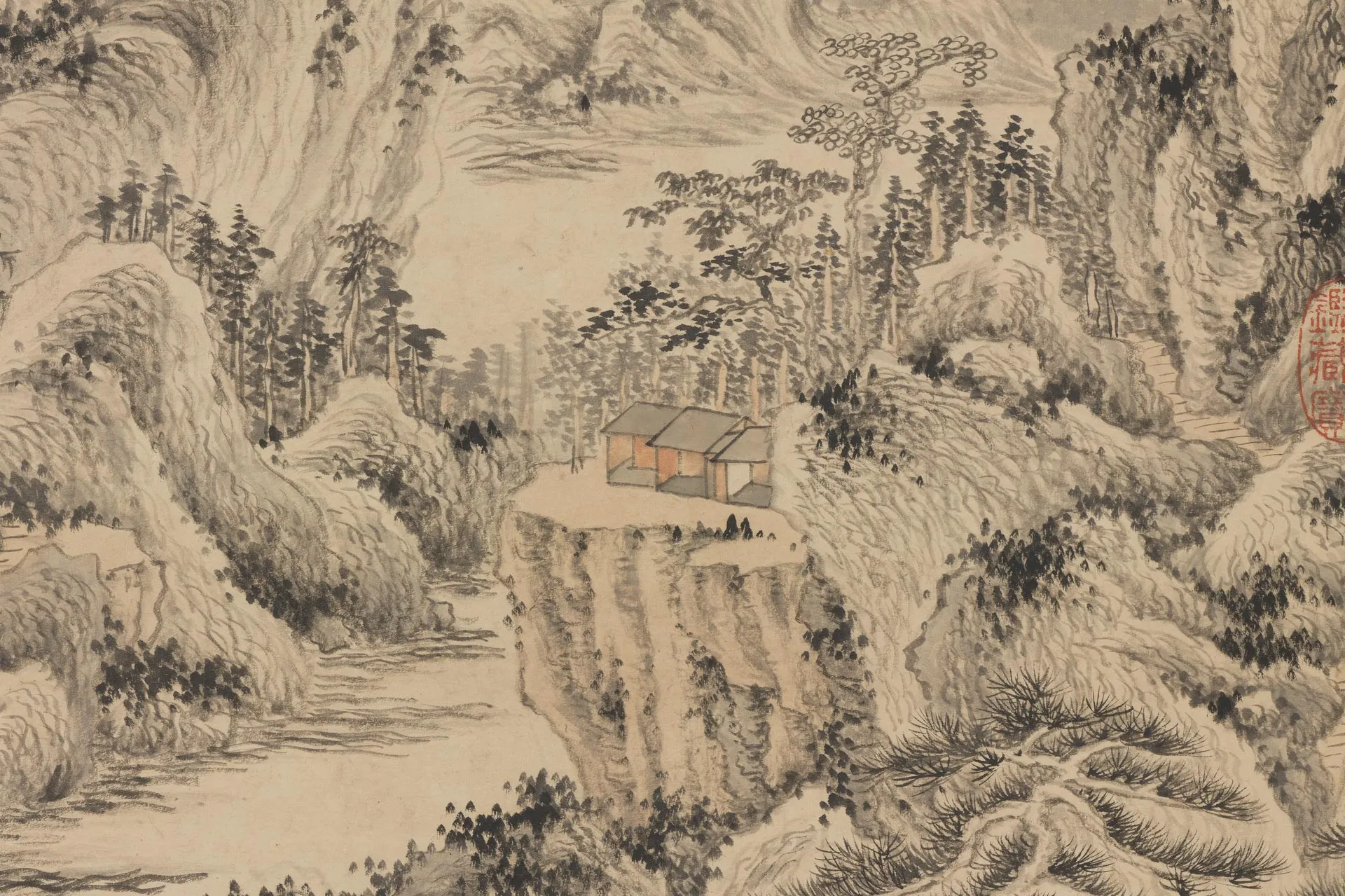 王鉴山水画《临王蒙松阴丘壑图》局部 (2)