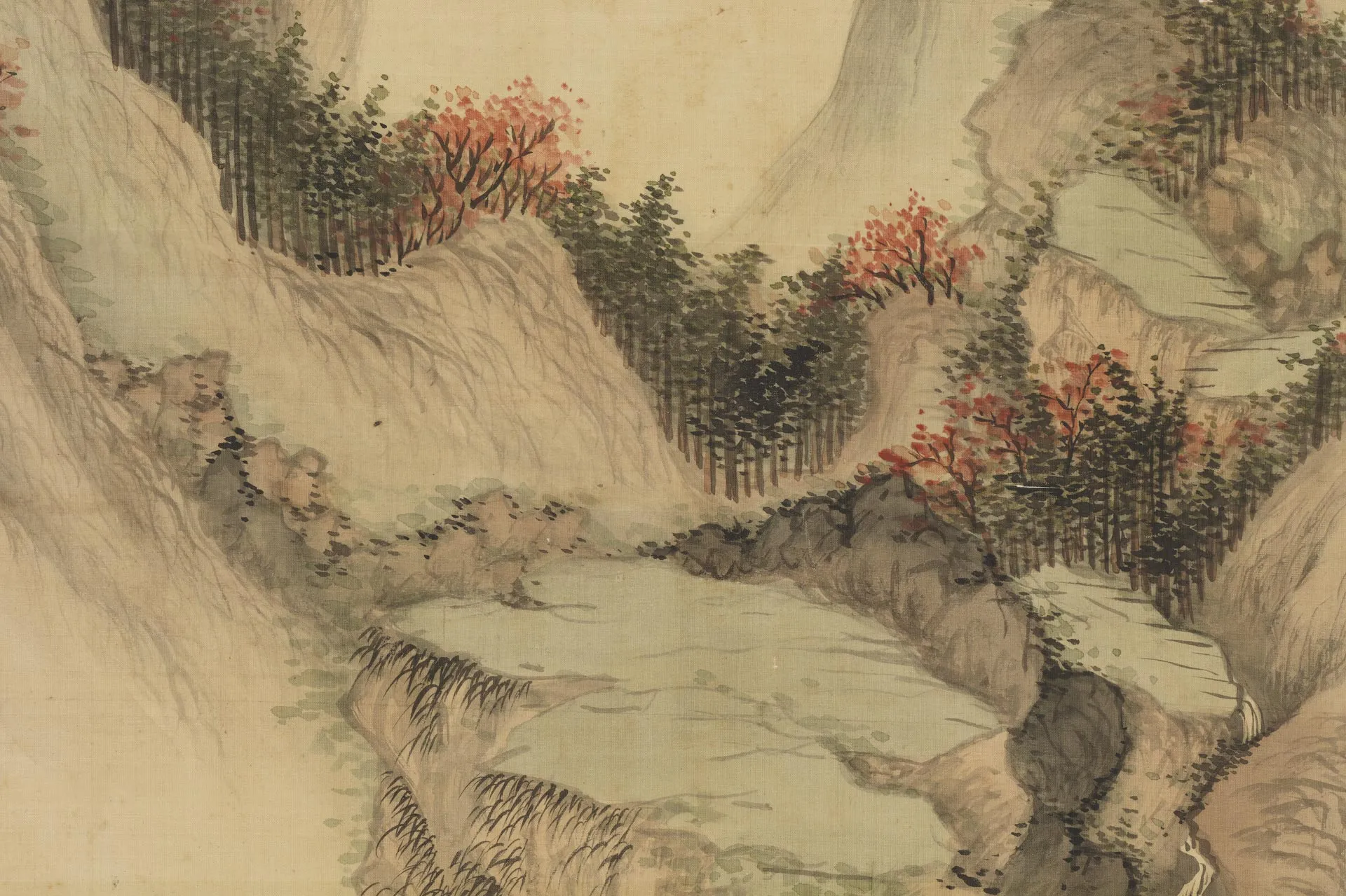 王鉴山水画《仿王蒙秋山图》局部 (2)